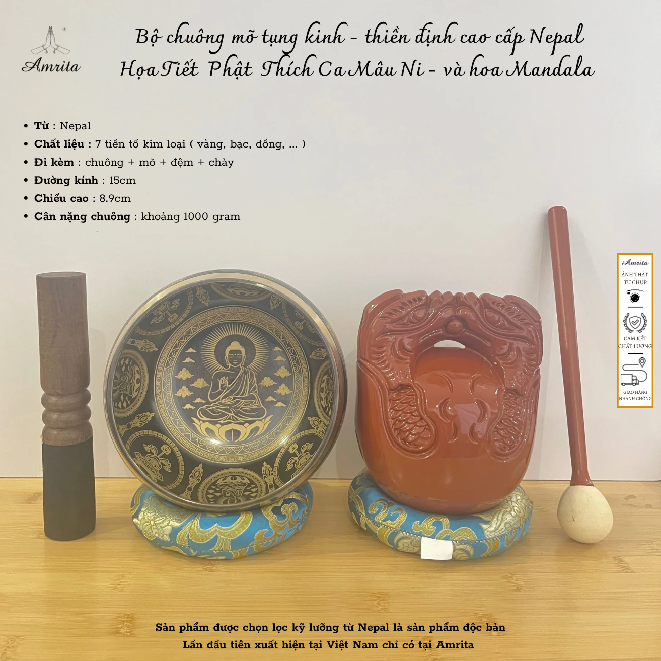 Nepal high-end meditation and chanting bell set with Buddha Shakyamuni motif and Mandala flower