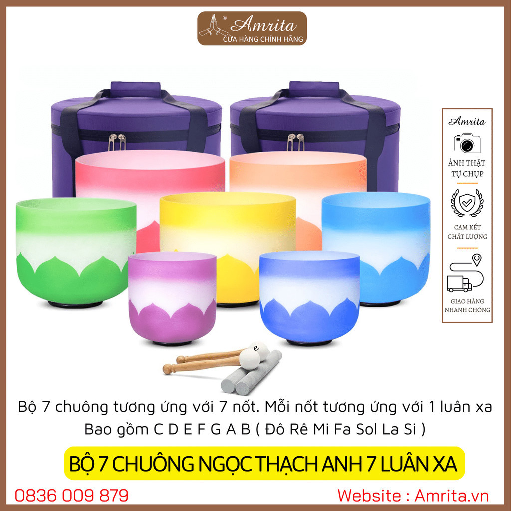 [Available] 7 COLOR CRYSTAL BELL SET 7 CHAKRAS -7 - glass bell - stone bell - jade bell - quartz bell - Amrita