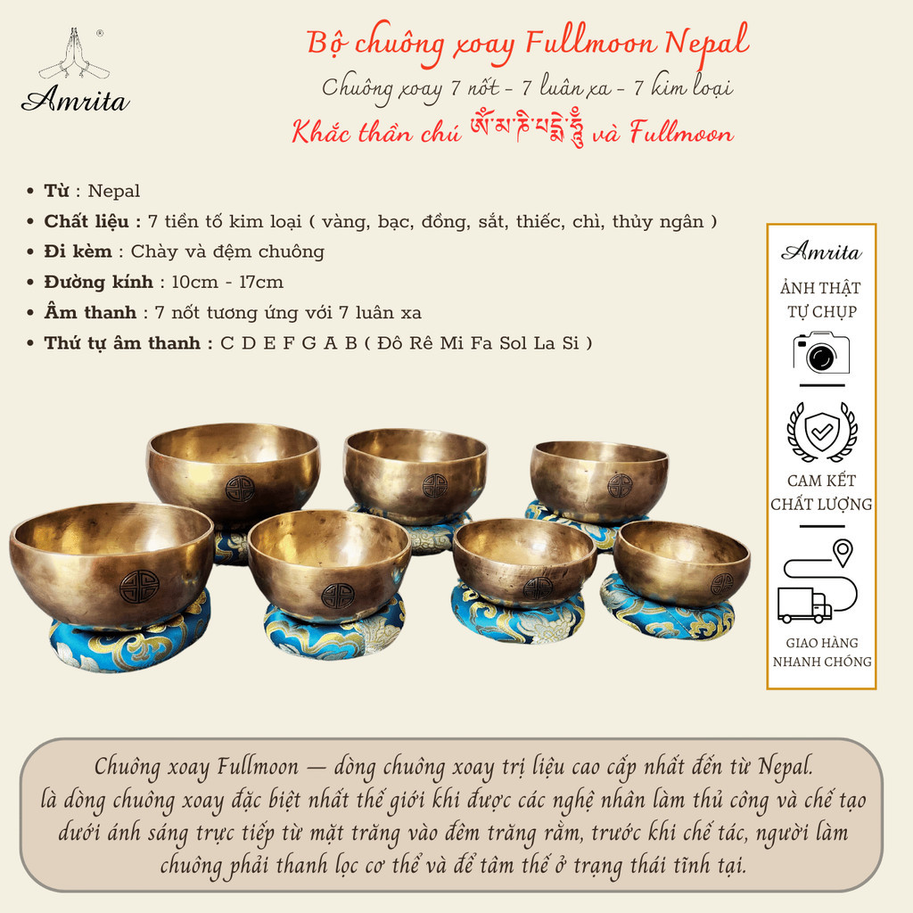 [Genuine] Fullmoon Nepal 7 note 7 chakra singing bell set - Fullmoon singing bolws -Nepal Bolws - Rotating bell - Amrita